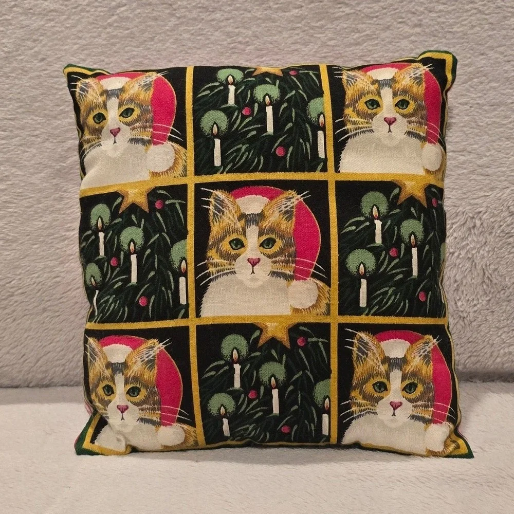 Vintage Style Christmas Cat Santa Hat Throw Pillow Red White Stripe Reverse